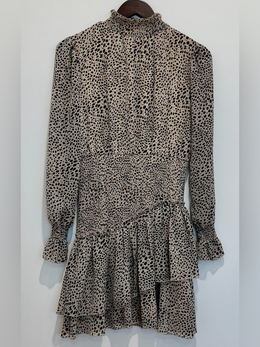 Almost Famous Smocked Waist Long-Sleeve Animal Print Dress Taupe and Black SZ S